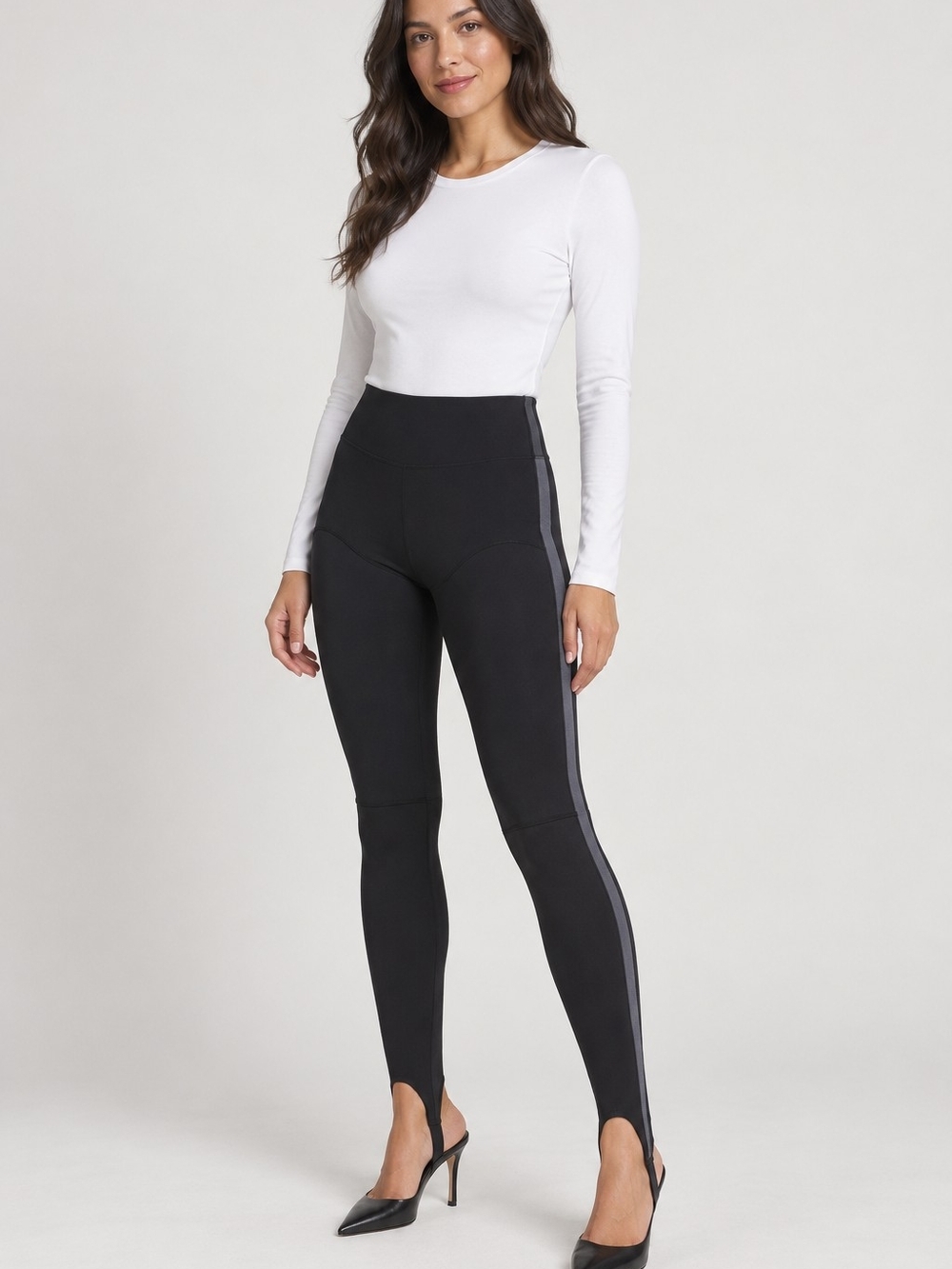 SPANX Black Stirrup Leggings Gray Side Stripe Size Medium